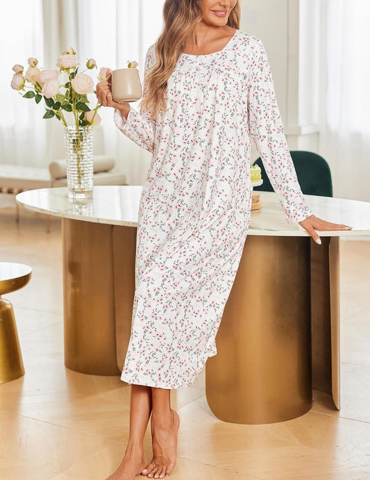 Womens Long Sleeve Nightgowns Long Sleep Shirts Henley Night Shirts Full Length Nightgown