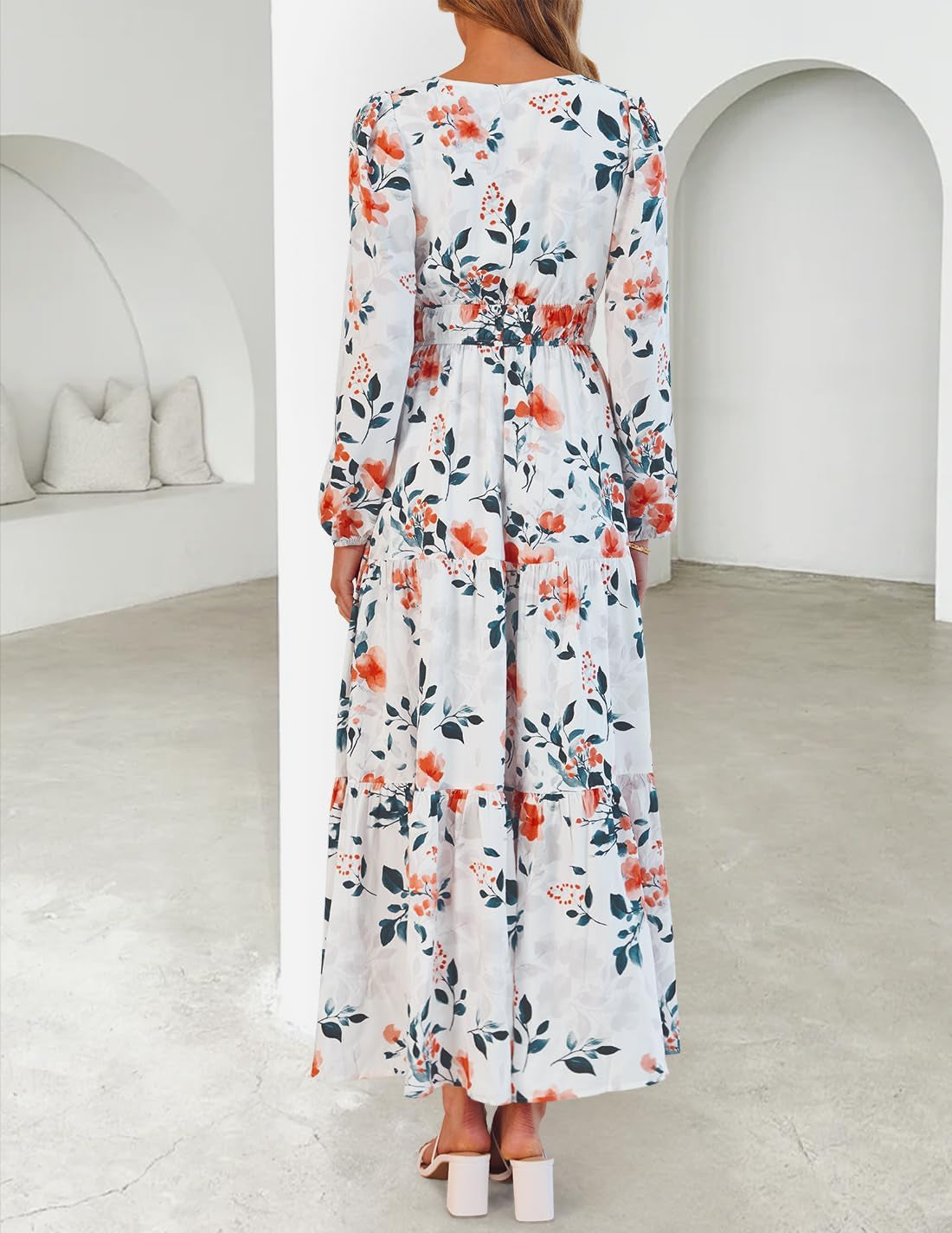 Fall Dresses for Women 2025 Long Sleeve Boho Floral V Neck Empire Waist a Line Casual Flowy Wedding Guest Maxi Dress