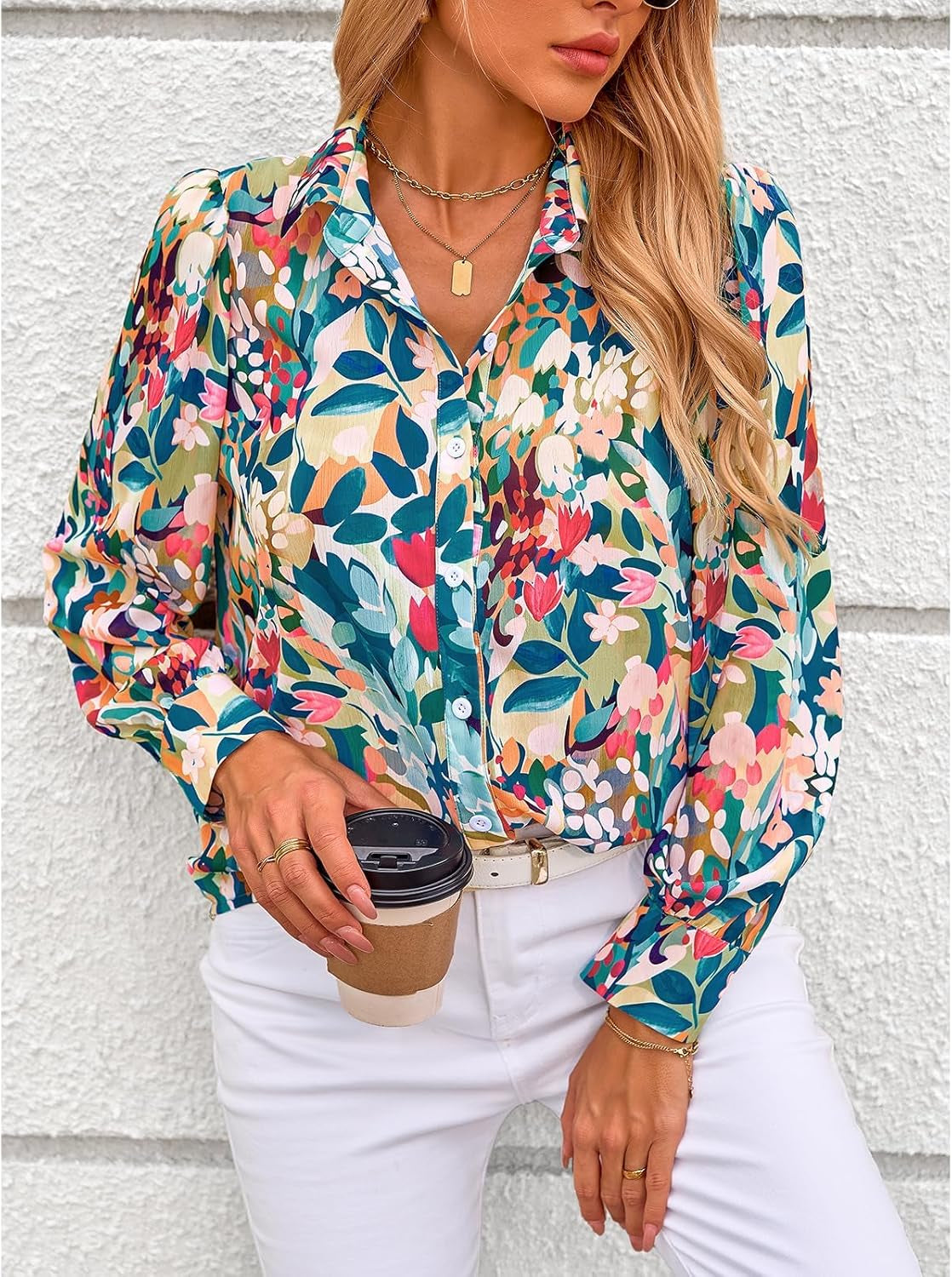 Women'S Floral Blouses Dressy Casual V Neck Button down Shirts Lantern Long Sleeve Boho Chiffon Fall Tops 2025