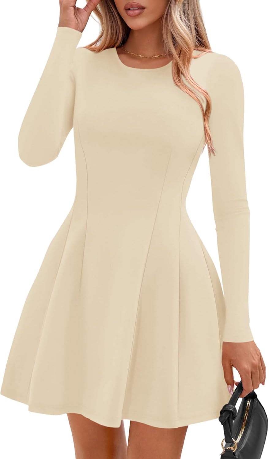 Long Sleeve Mini Dress for Women 2025 Fall Crewneck Knit Pleated Babydoll a Line Soft Casual Short Party Dresses