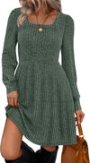 Womens Square Neck Long Sleeve Fall Dresses Casual Babydoll Sweater Dress