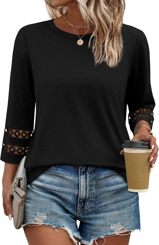 3/4 Length Sleeve Womens Tops and Blouses Dressy Casual Crewneck T Shirts Fashion Clothes Loose Fit Trendy