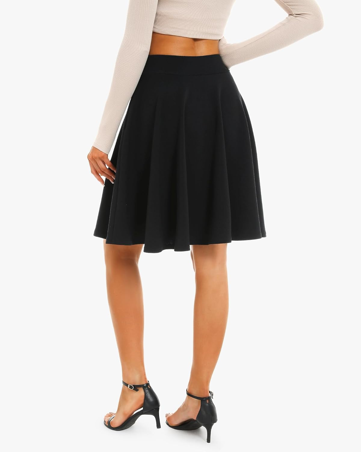 Women'S 20" Knee Length Skirts with Pockets Casual Basic Midi Skirt Stretchy High Waisted Skater Flared Pleated