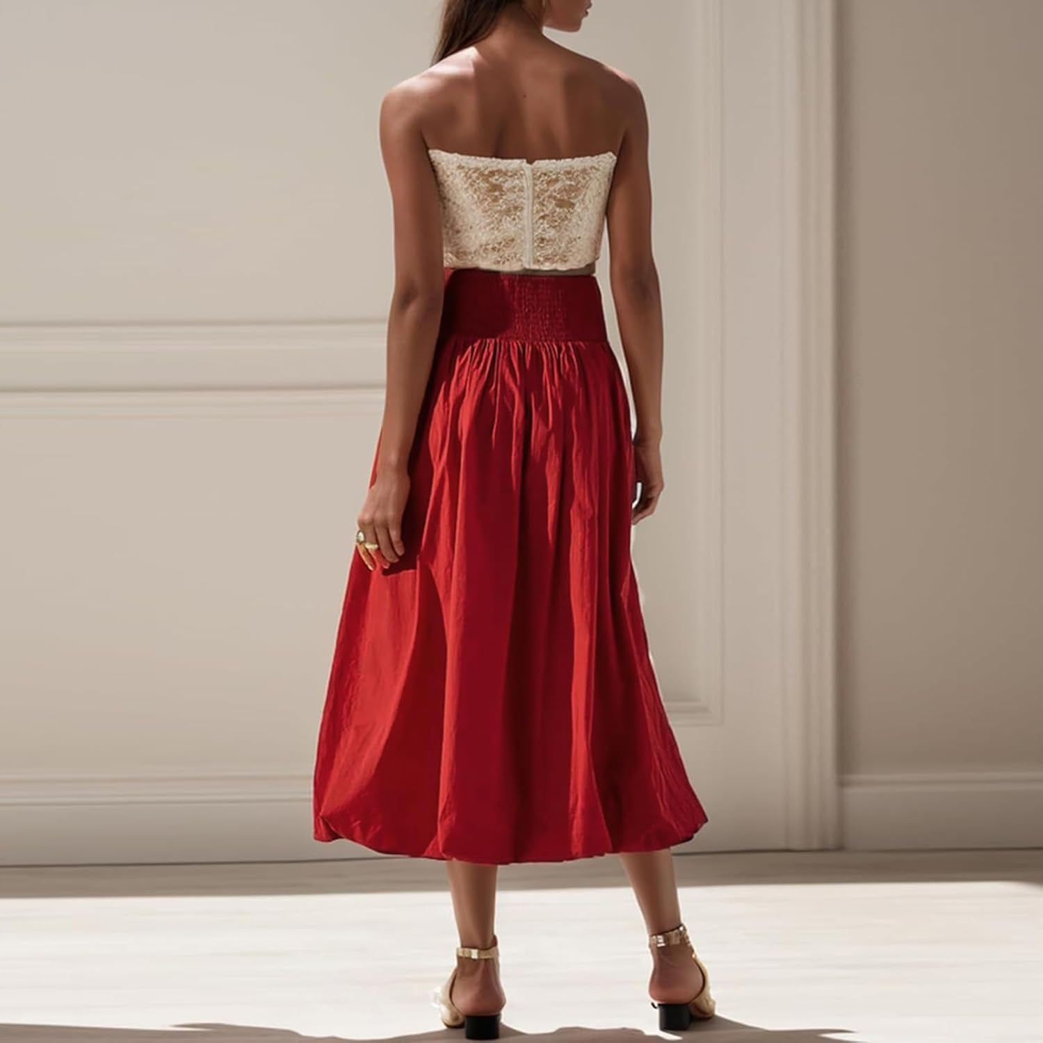 Women Y2K Bubble Maxi Skirt Low Elastic Waist a Line Long Skirt Summer Casual Ruffle Pleated Midi Dress