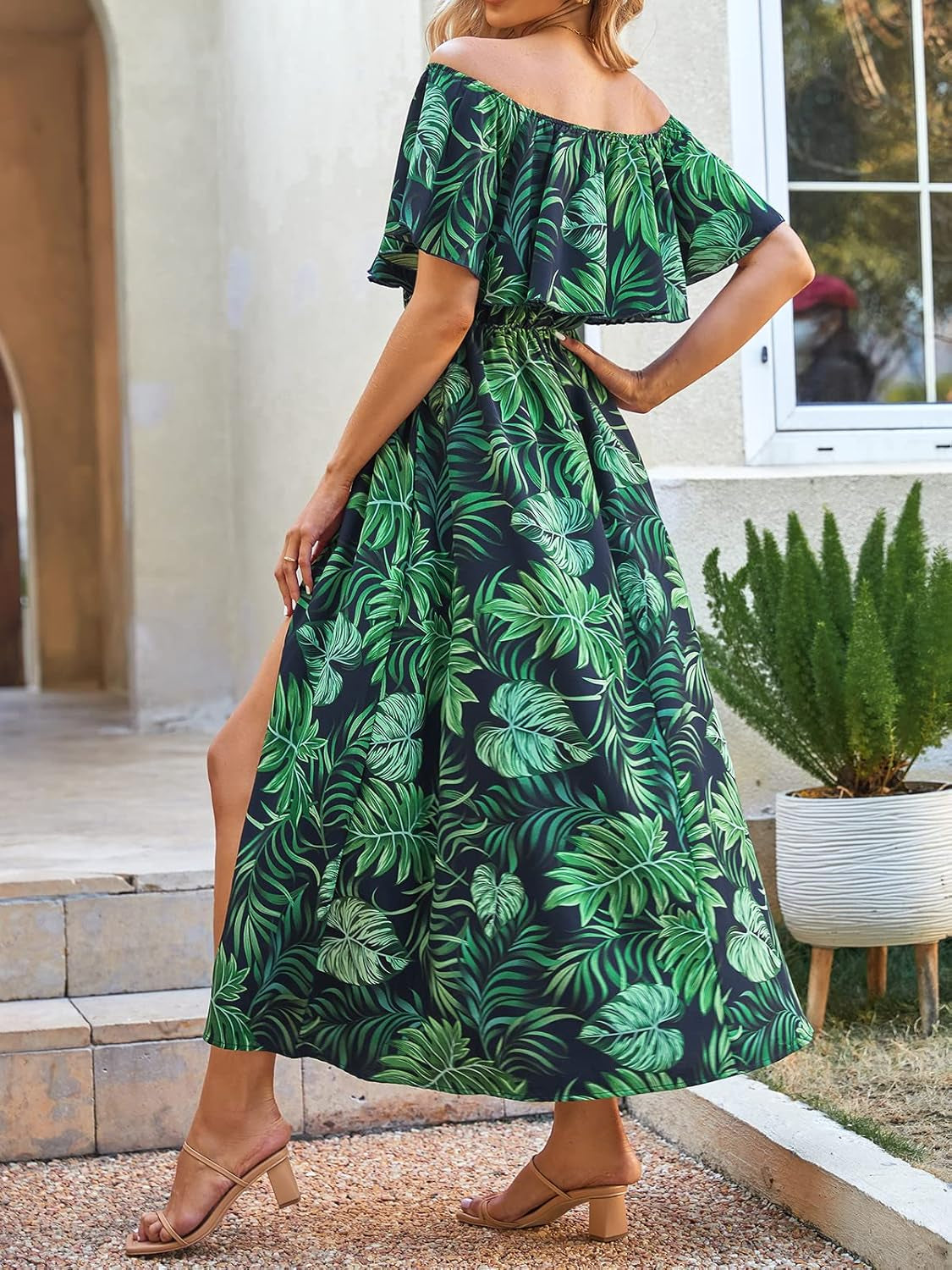Women Ruffle Floral Maxi Summer Dress off Shoulder Short Sleeve Backless Flounce Bodice Slit Hem Beach Dresses