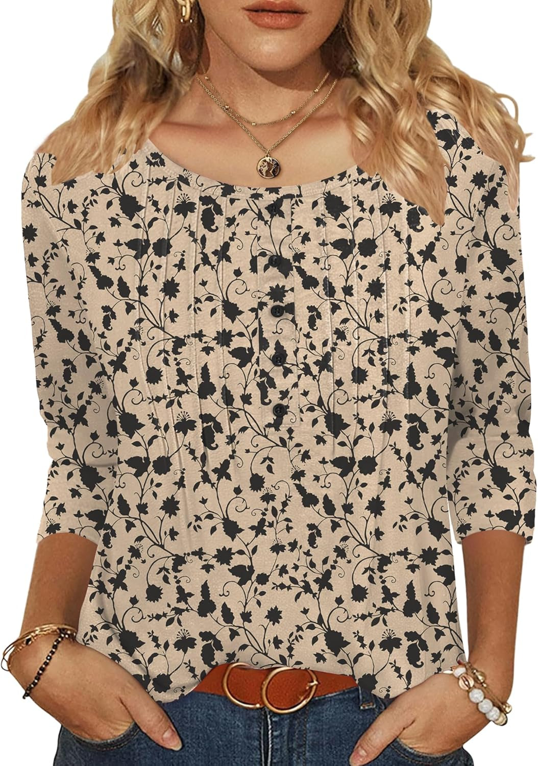 3/4 Length Sleeve Womens Tops round Neck Casual Summer Tunic Tops Basic Tees Blouses Dressy T-Shirts Pleated Shirts