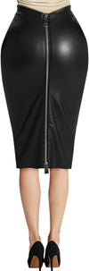 Women'S Faux Leather Pencil Skirt, High Waist Midi Length with Double Zipper
