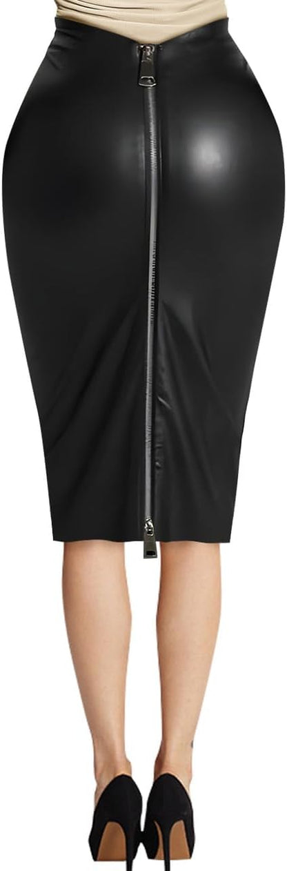 Women'S Faux Leather Pencil Skirt, High Waist Midi Length with Double Zipper
