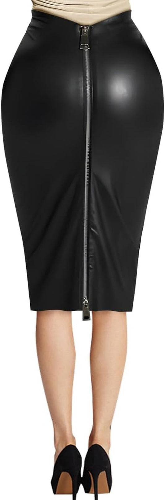 Women'S Faux Leather Pencil Skirt, High Waist Midi Length with Double Zipper