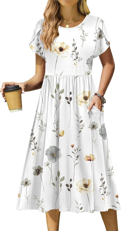 Women Summer Short Sleeve Midi Dress with Pockets Casual Aline Flowy Tshirt Dress Floral Vocation Beach Sundress