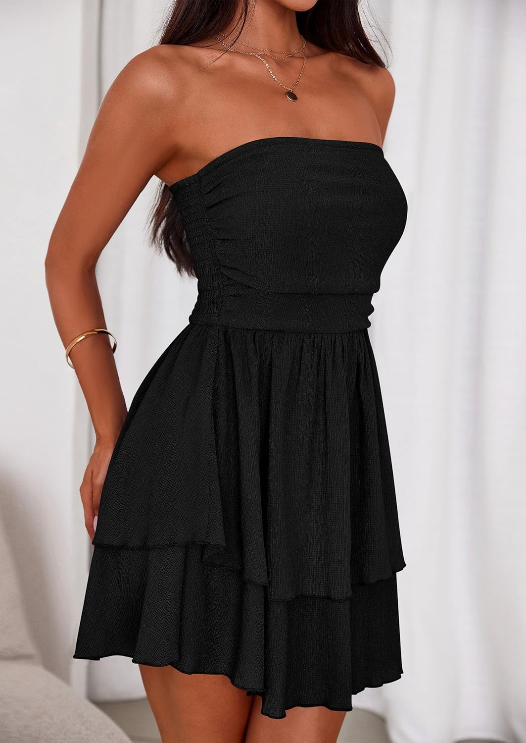 Women'S 2025 Summer Strapless Tube Mini Dress off Shoulder Smocked Ruffle a Line Flowy Short Party Club Dresses