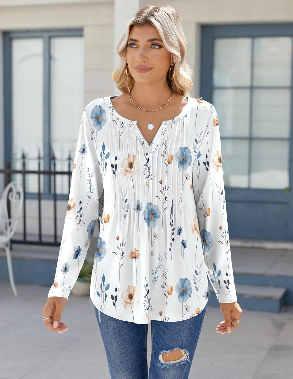 Womens Long Sleeve Tops 2025 V Neck Pleated Shirts Dressy Casual Tunic Blouses Loose Fit Fall Fashion Clothes