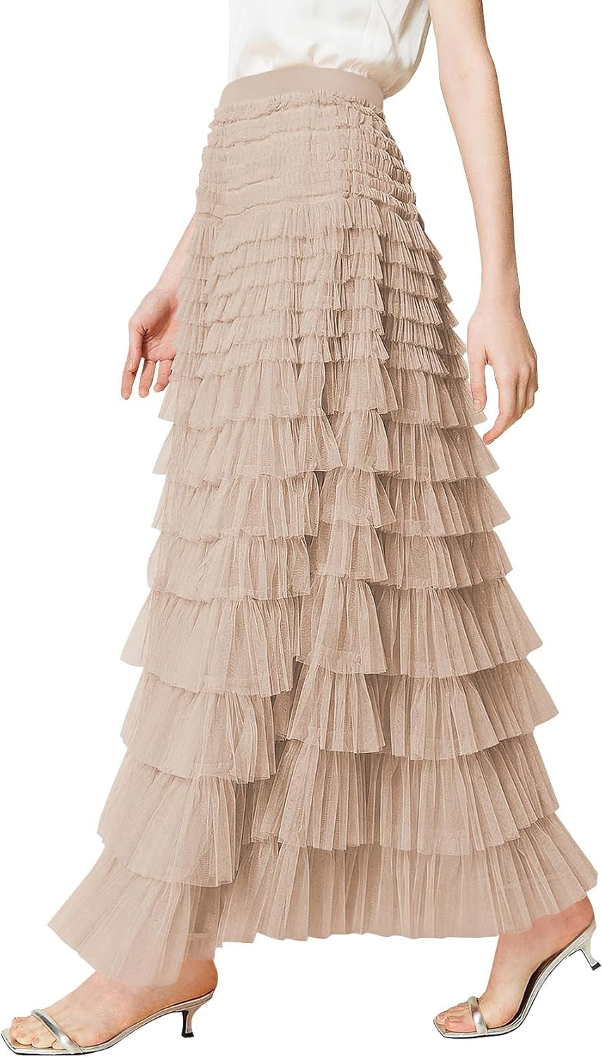 Tulle Maxi Skirts for Women, High Waist A-Line Flowy Elegant Party Wedding Guest Casual Skirt