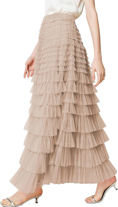Tulle Maxi Skirts for Women, High Waist A-Line Flowy Elegant Party Wedding Guest Casual Skirt