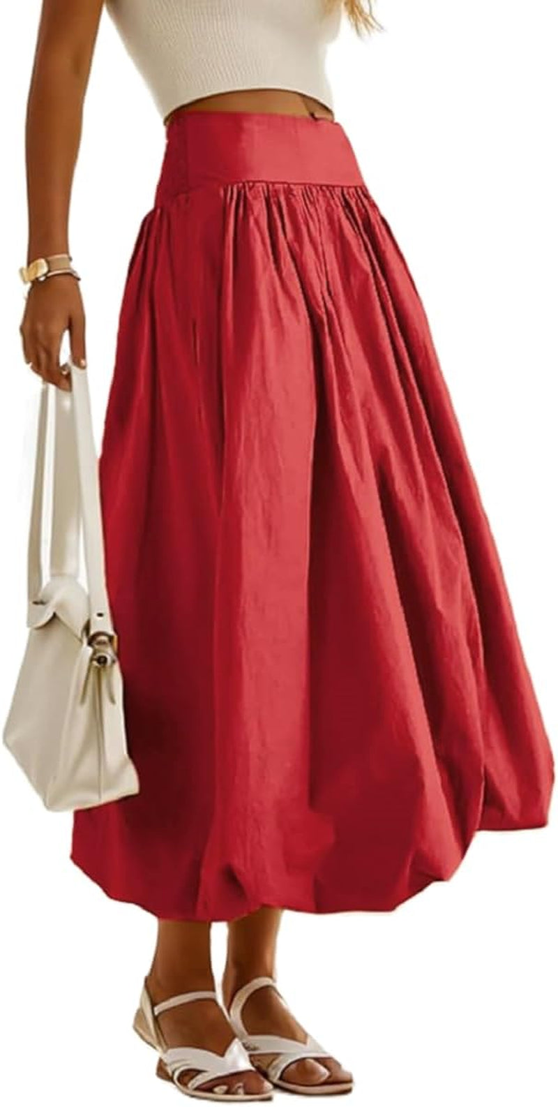 Women Y2K Bubble Maxi Skirt Low Elastic Waist a Line Long Skirt Summer Casual Ruffle Pleated Midi Dress