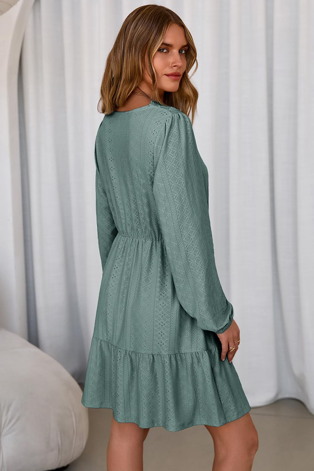 Fall Dresses for Women 2025 Elegant Lace Hollow Out Embroidered V Neck Long Sleeve Casual A-Line Swing Mini Dress