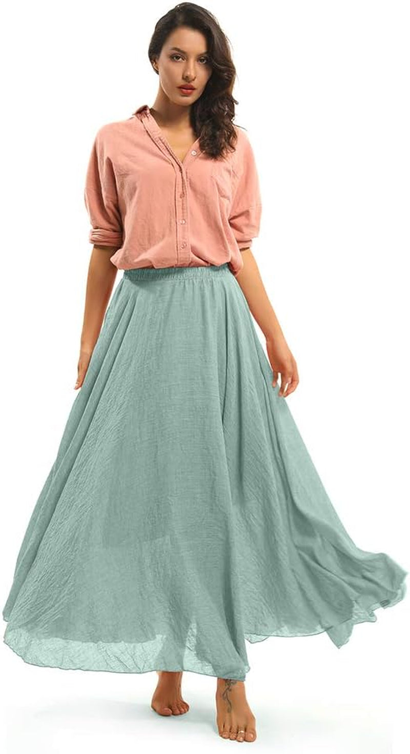 Women'S Girls Long Flowy Bohemian Cotton Linen Casual Maxi Skirt for Summer Beach Holiday