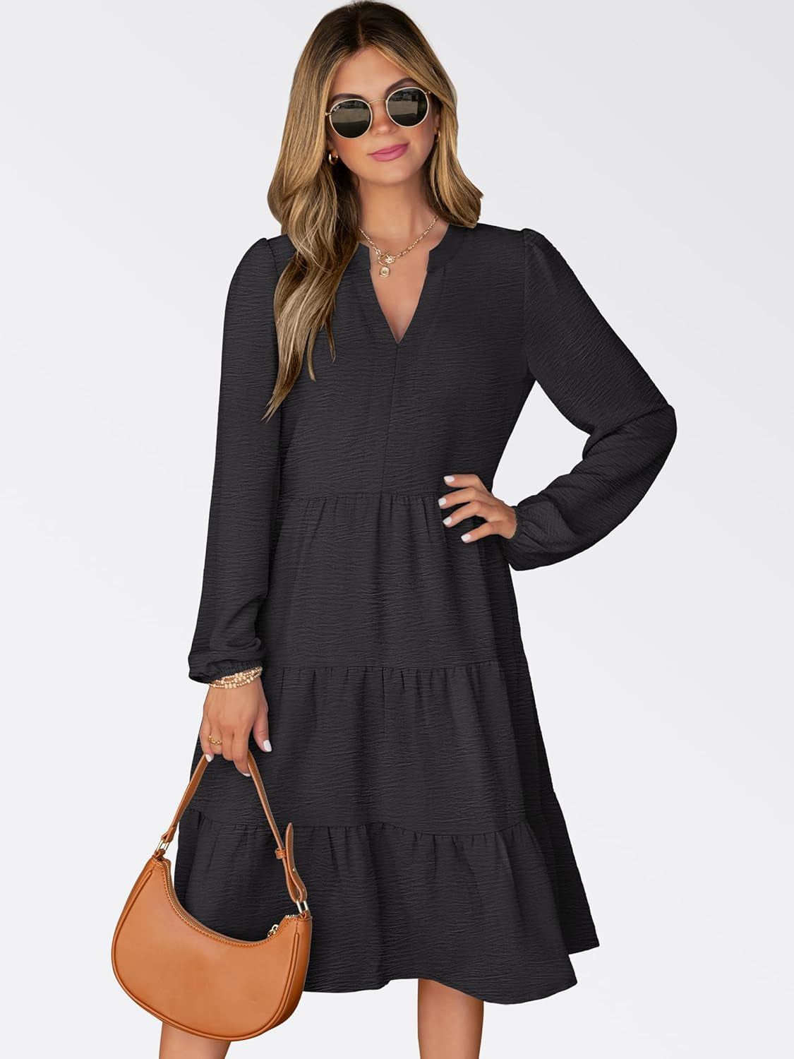 Womens Fall Midi Dresses Long Sleeve V Neck Swing Tiered Work Business Casual 2025 Flowy Beach Vacation Dress