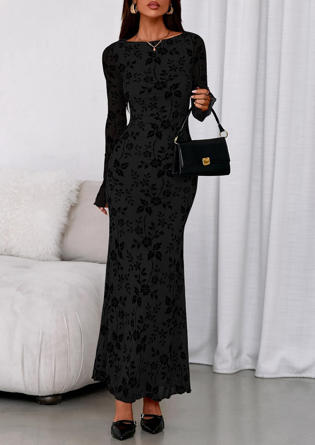 Women'S Floral Bodycon Maxi Dress 2025 Fall Elegant Mesh Long Sleeve Formal Wedding Guest Cocktail Dresses