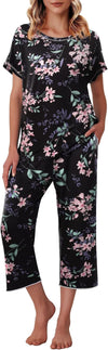 Women'S Capri Pajama Sets Print Short Sleeve Sleepwear Top and Capri Pants Soft Loungewear with Pocket