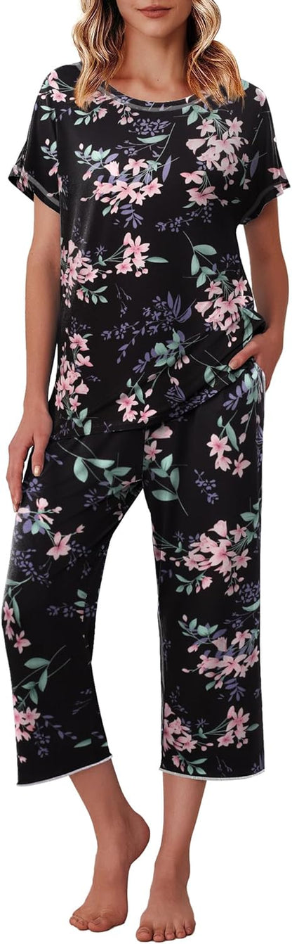 Women'S Capri Pajama Sets Print Short Sleeve Sleepwear Top and Capri Pants Soft Loungewear with Pocket