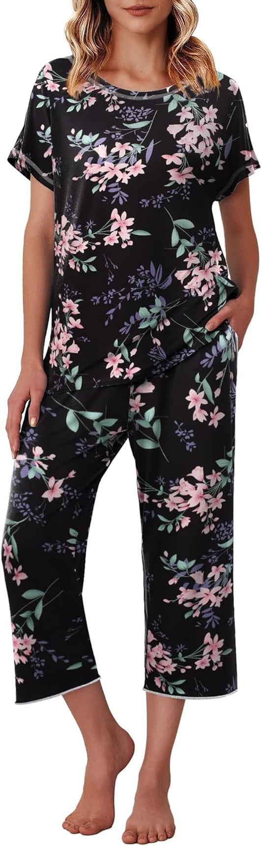 Women'S Capri Pajama Sets Print Short Sleeve Sleepwear Top and Capri Pants Soft Loungewear with Pocket