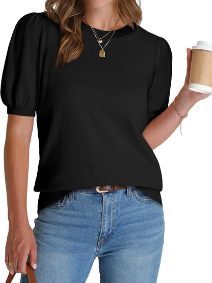 Women'S Puff Short Sleeve Sweater 2025 Spring Summer Tops Trendy Business Casual Outfits Work Blouses Clothes