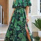 Women Ruffle Floral Maxi Summer Dress off Shoulder Short Sleeve Backless Flounce Bodice Slit Hem Beach Dresses