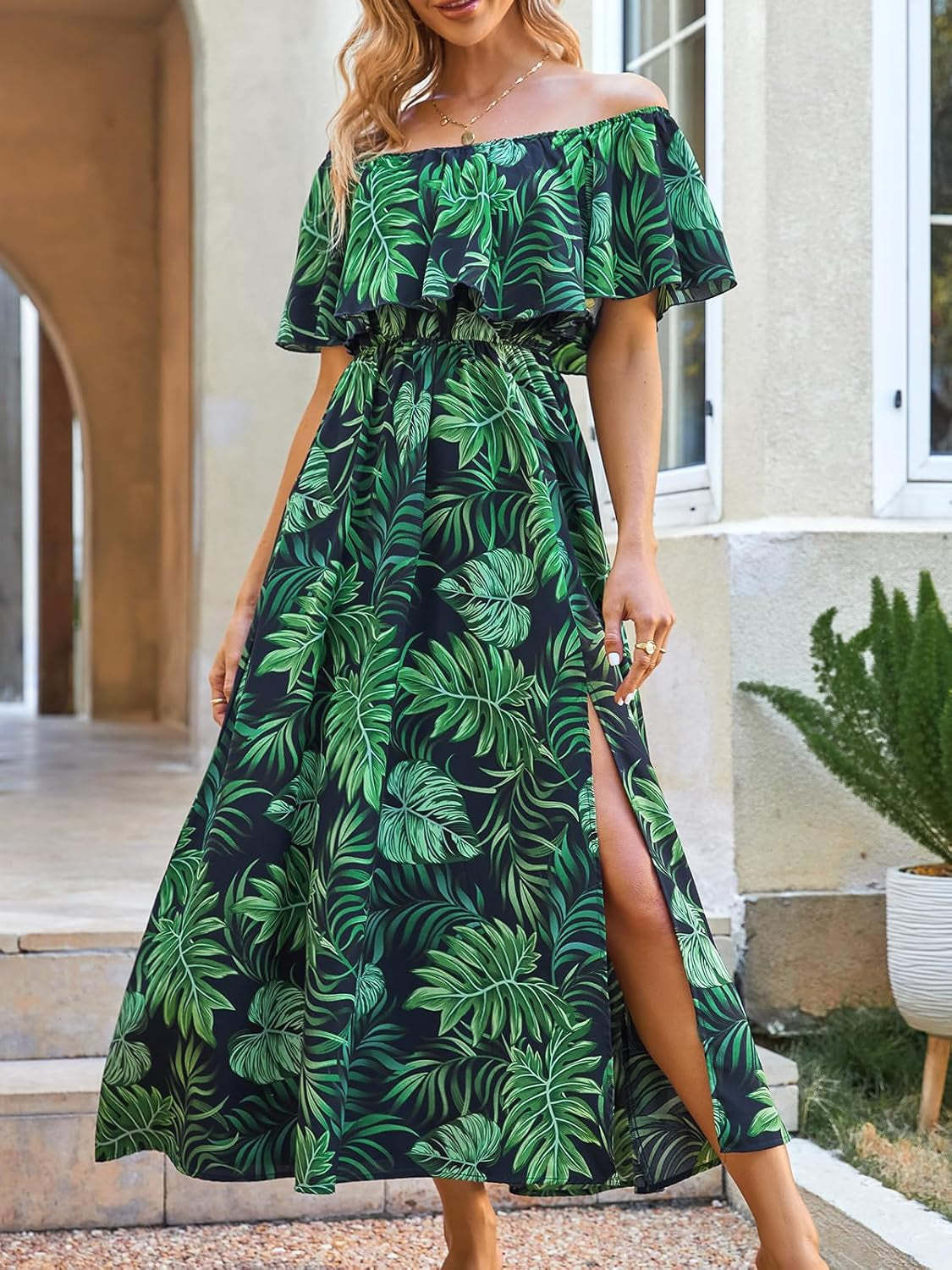 Women Ruffle Floral Maxi Summer Dress off Shoulder Short Sleeve Backless Flounce Bodice Slit Hem Beach Dresses