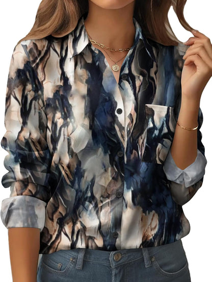 Womens Button down Shirt Long Sleeve Blouse Business Work Tops Dressy Casual Floral Printed Outfits with Pocket