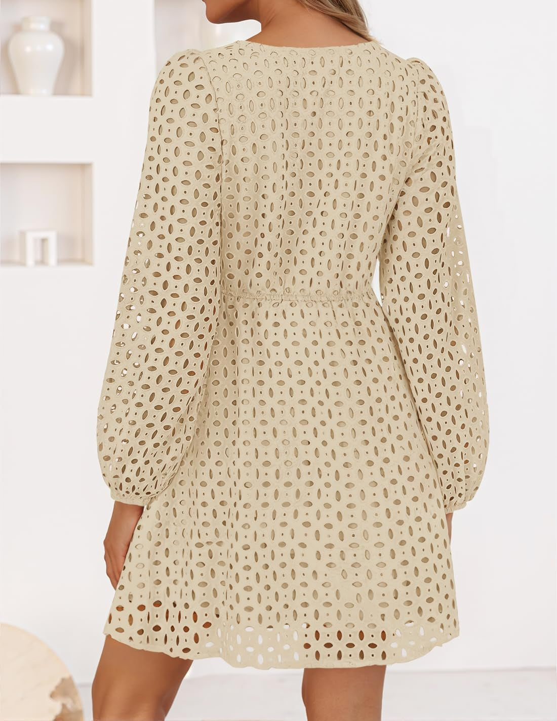 Women'S Long Sleeve Mini Dress 2025 Fall Crewneck Tie Front Hollow Out Eyelet Babydoll a Line Short Dresses