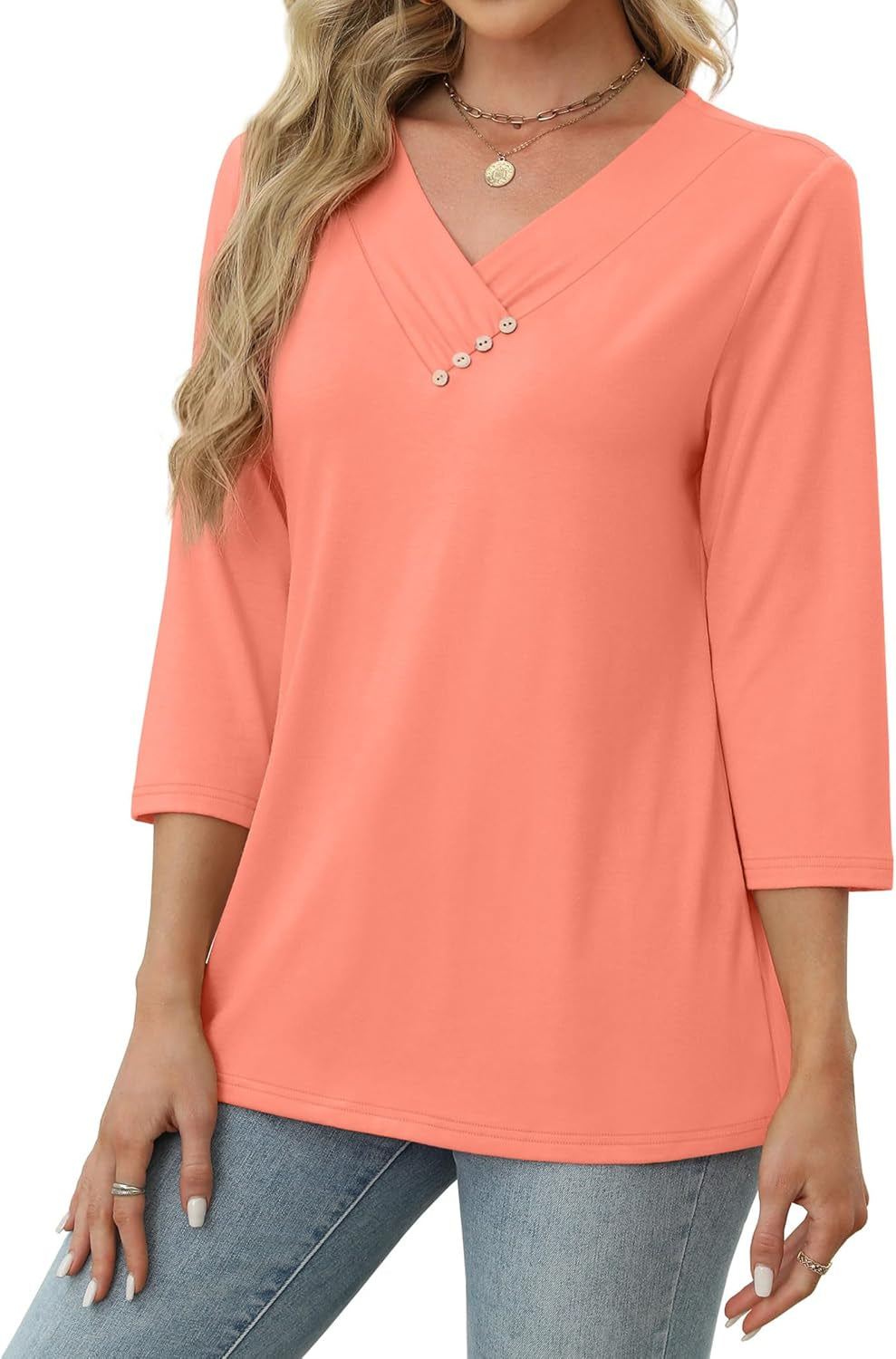 V Neck Blouses for Women Dressy Casaul 3/4 Length Sleeve Womens Tops Button down Shirts