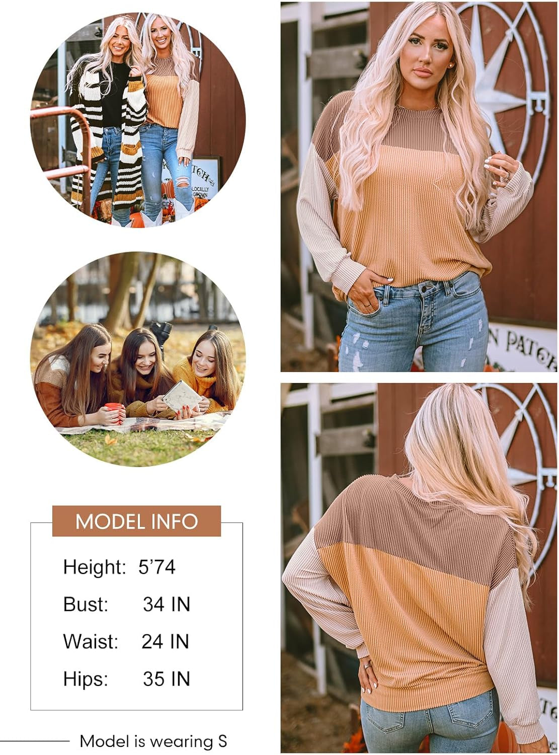 Womens Tops Fashion 2025 Color Block Long Sleeve Shirts Crewneck Knitted Casual Loose Pullover Blouses