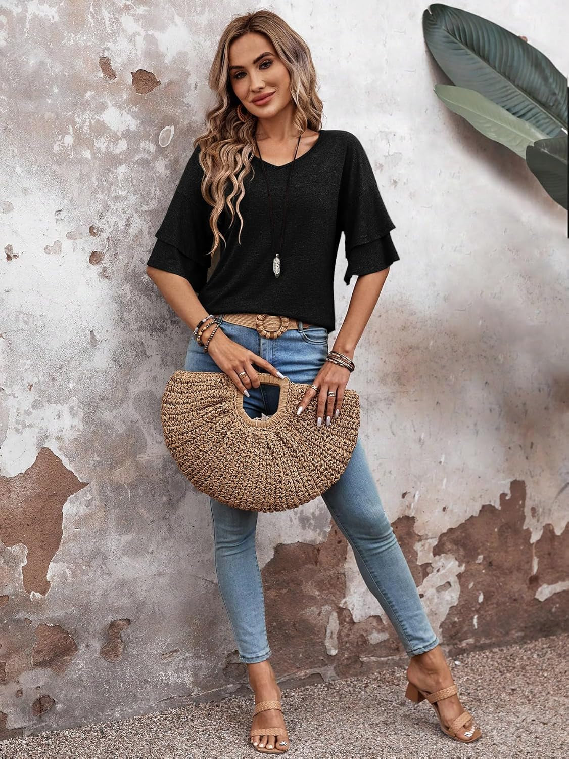 Womens Blouses Ruffle Sleeve Top V Neck Shirts Casual Outfit Bell Sleeve Cute Tee Spring Fall Summer Fashion Clothes