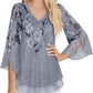 Women'S 3/4 Sleeve Floral Blouses Shirts Double Layers V Neck Dressy Tunics Tops