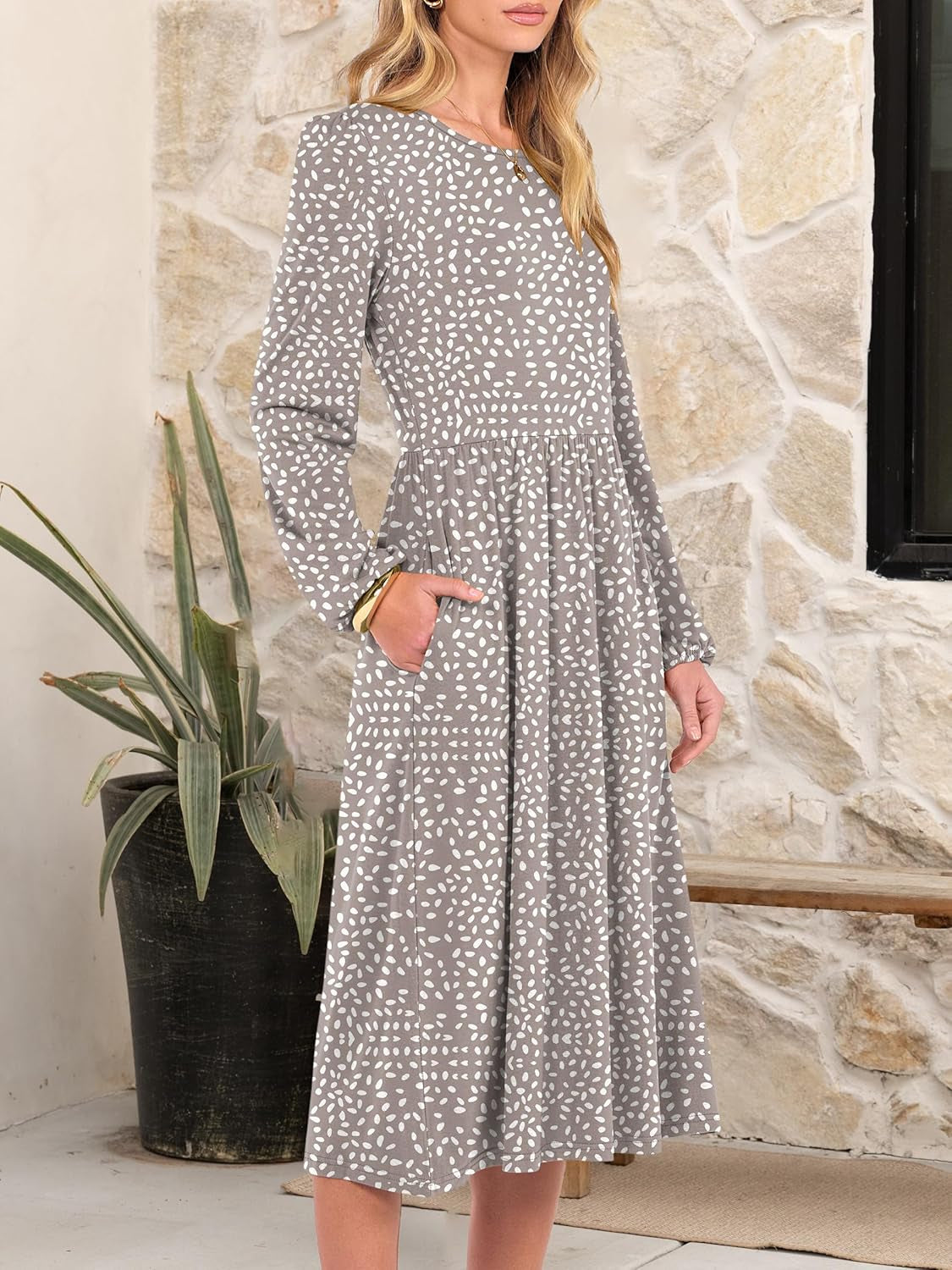 Women Long Sleeve Midi Dress Crewneck 2025 Fall Fashion Casual Flowy A-Line Long Dresses Vacation Outfit with Pocket