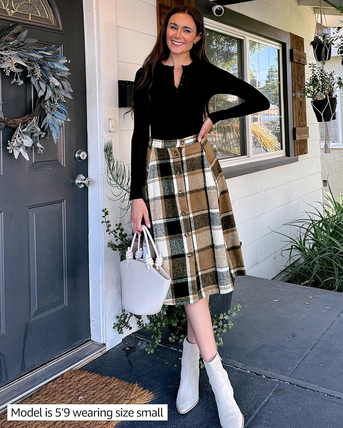 Plaid Skirts for Women Midi Length High Waisted Button down a Line Fall Winter Elastic Waist Skirt with Pockets