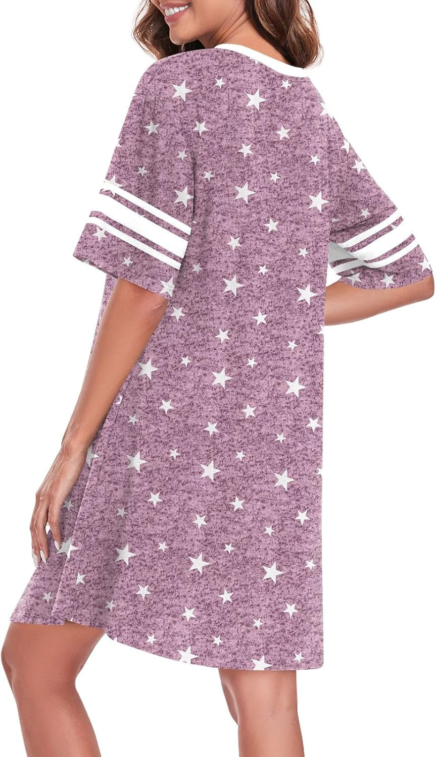 Womens Nightgowns Short Sleeve Sleepshirt Sleepwear Casual V Neck Sleep Dress Loungewear Nightshirts