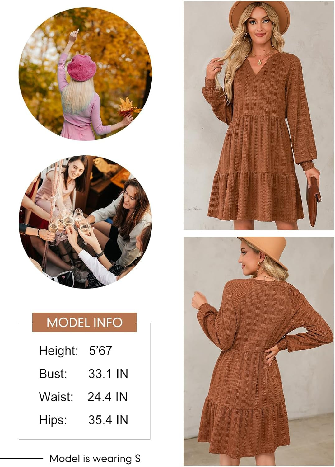 Fall Dresses for Women 2025 Long Sleeve V Neck Textured Casual Lightweight Tiered Ruffle A-Line Mini Babydoll Dress