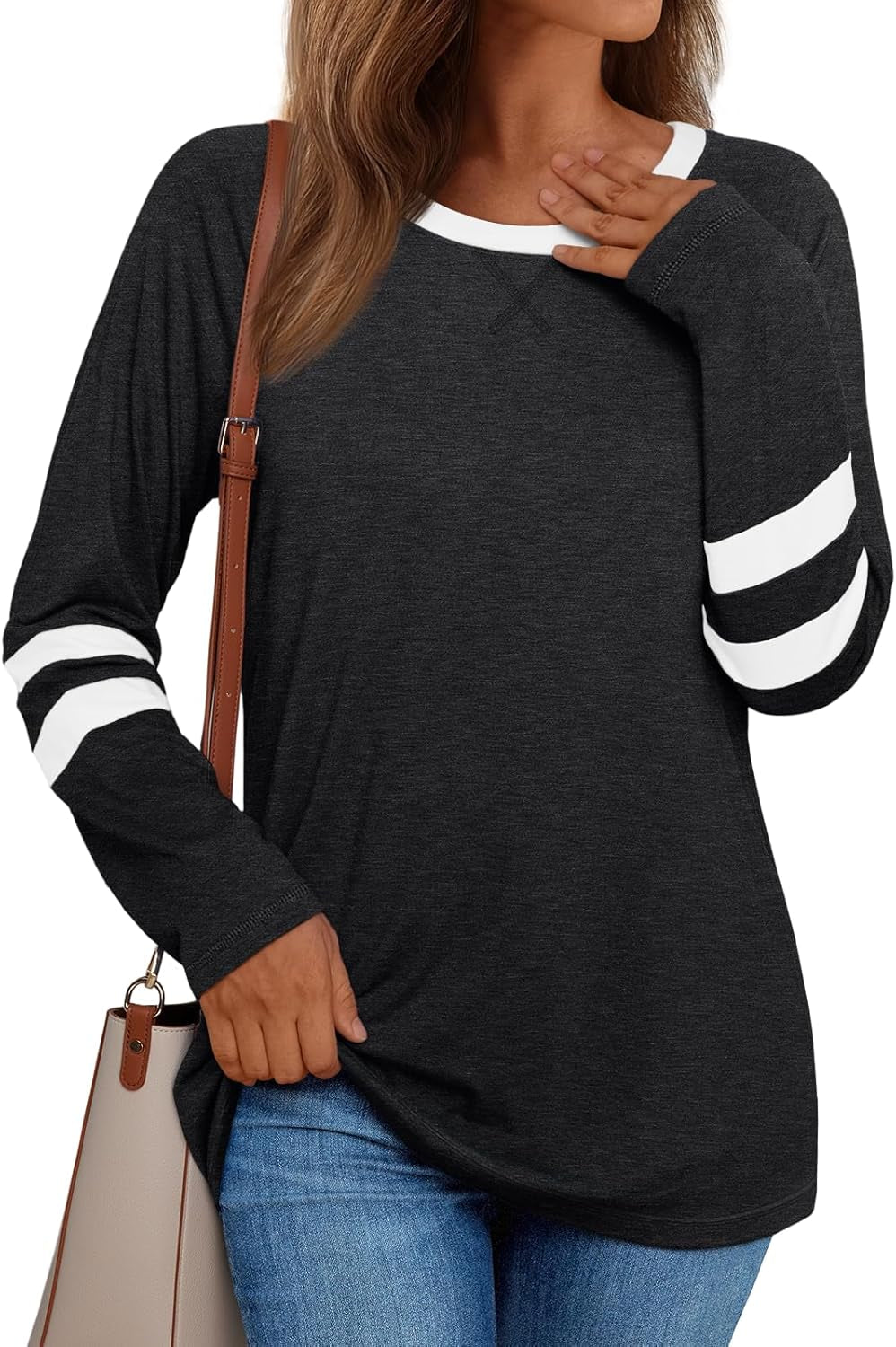 Womens Long Sleeve Shirts Color Block Casual Crewneck Tops Tshirt Basic Tee Fall Fashion Winter Clothing Outfits