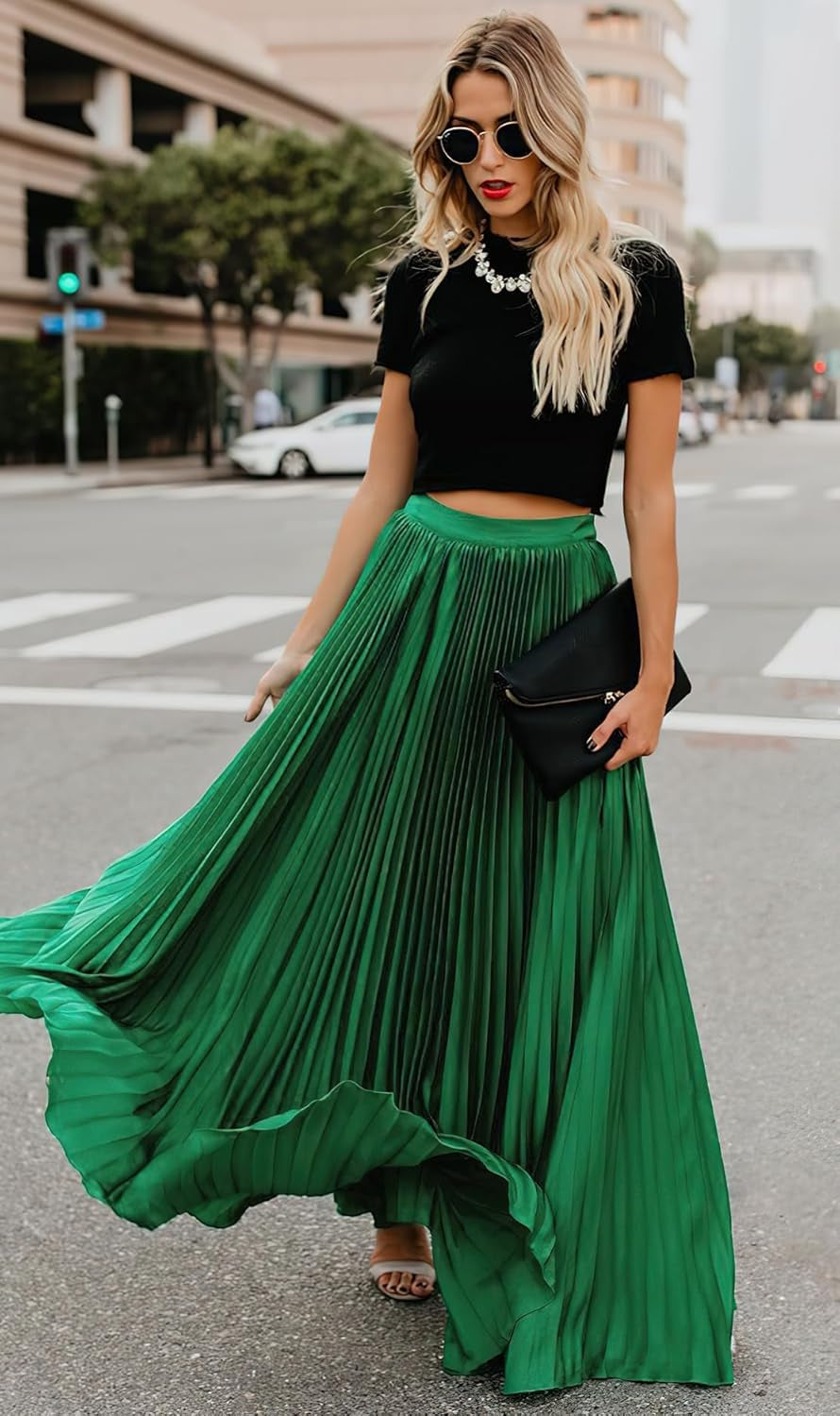 Women'S High Waist Flowy Pleated Chiffon Maxi Skirt
