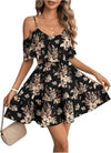 Women'S Boho Floral Print Cold Shoulder Dress Short Sleeve Ruffle a Line Vacation Elegant Mini Dresses