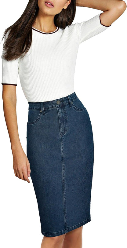 Womens Stretch Pencil Skirts with Functional Pockets, a Line & Destructed Mini Denim Skirts