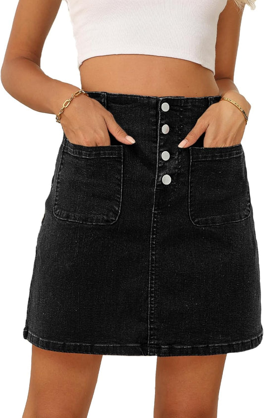 Women'S Jean Skirt High Waist Summer Stretch Zimbaplatinum Denim Skirt Button Knee Length Skirt with Pockets