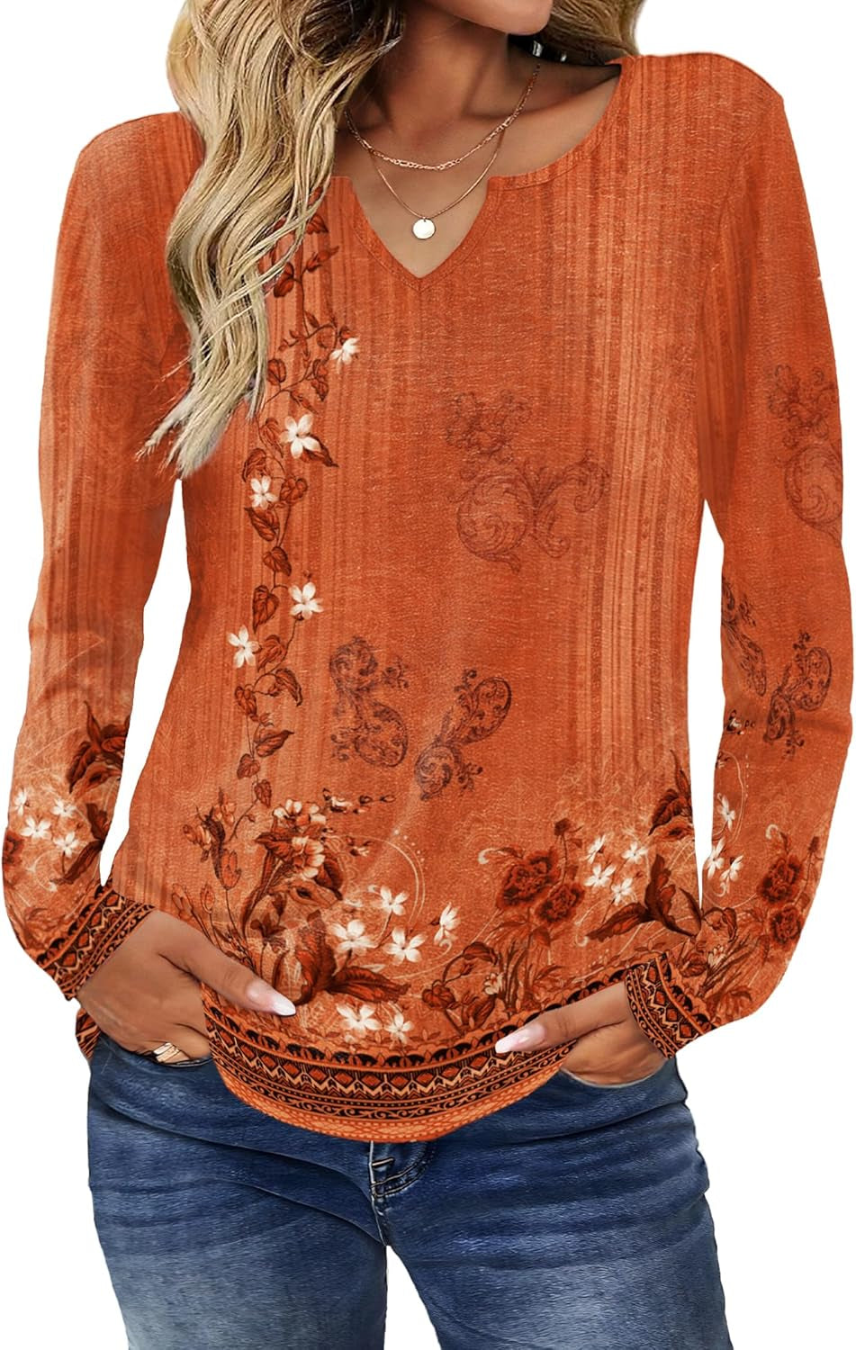 Long Sleeve Shirts for Women Fall V Neck Tops Casual Dressy Blouse Boho Tunic Business Work Clothes School Outfit