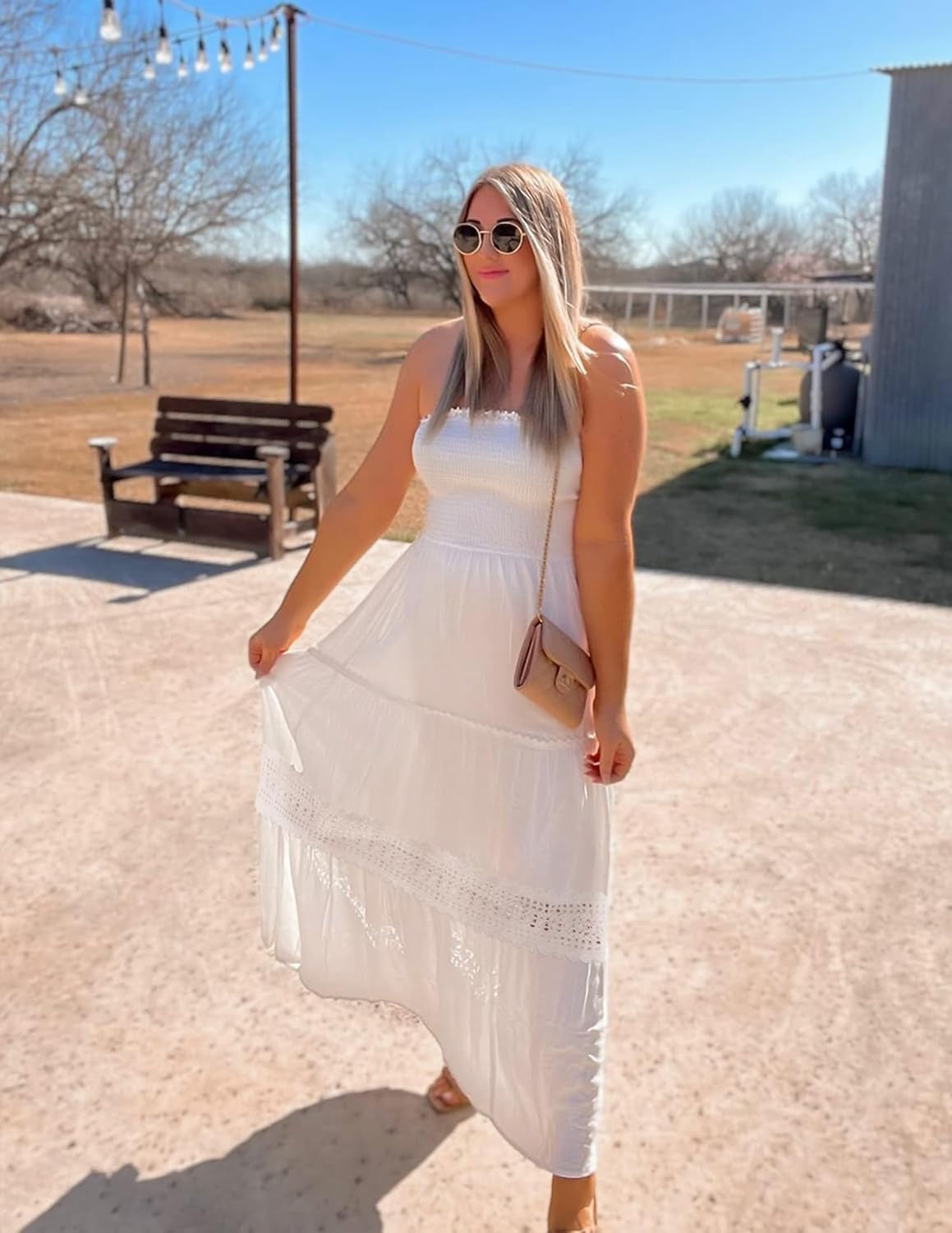 Women'S 2025 Summer Bohemian Strapless off Shoulder Lace Trim Backless Flowy a Line Beach Long Maxi Dress