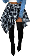 Womens Plaid Skirts Elastic High Waist Tie Front Asymmetrical Hem Pleated Mini Skirt