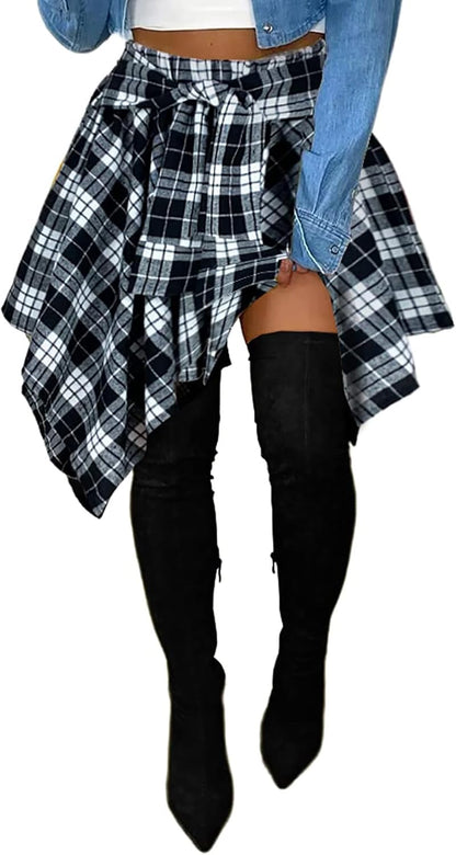 Womens Plaid Skirts Elastic High Waist Tie Front Asymmetrical Hem Pleated Mini Skirt
