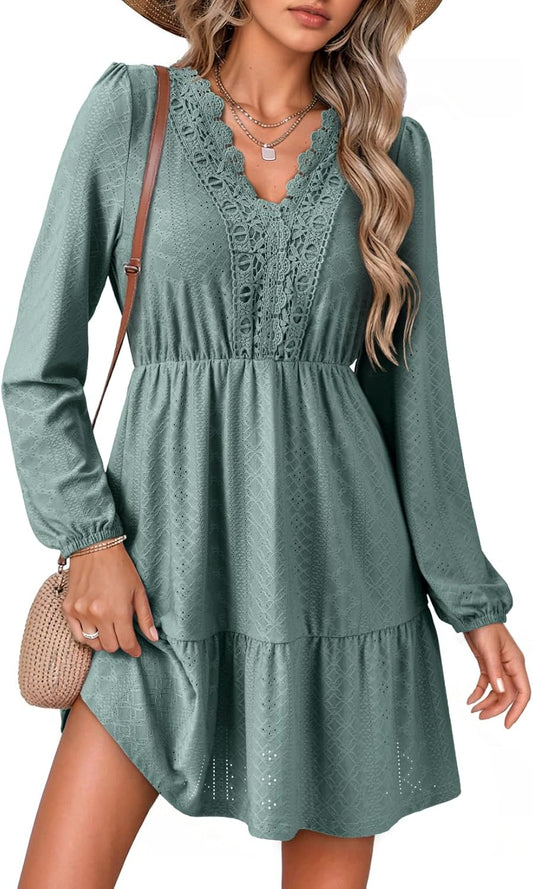 Fall Dresses for Women 2025 Elegant Lace Hollow Out Embroidered V Neck Long Sleeve Casual A-Line Swing Mini Dress