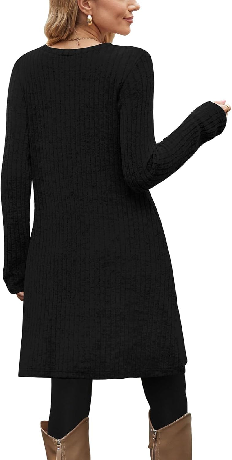 Fall and Winter Tunic Dress with Pockets Long Sleeve Crew Neck Buttons Side